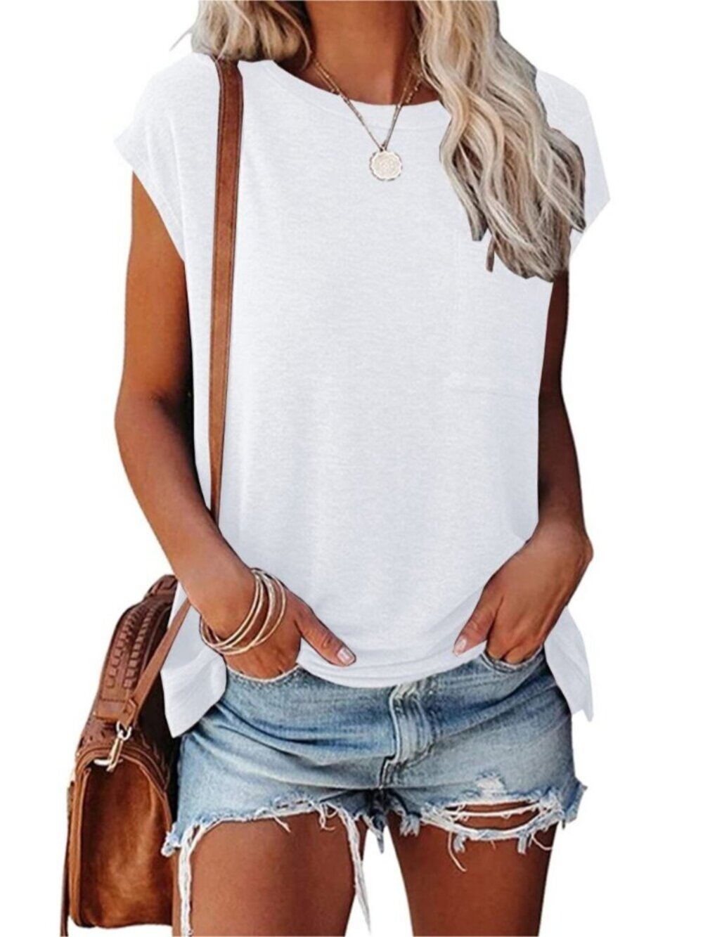 Solid Loose Fit Pocket Tunic Cap Sleeve Top - Picture 1 of 9